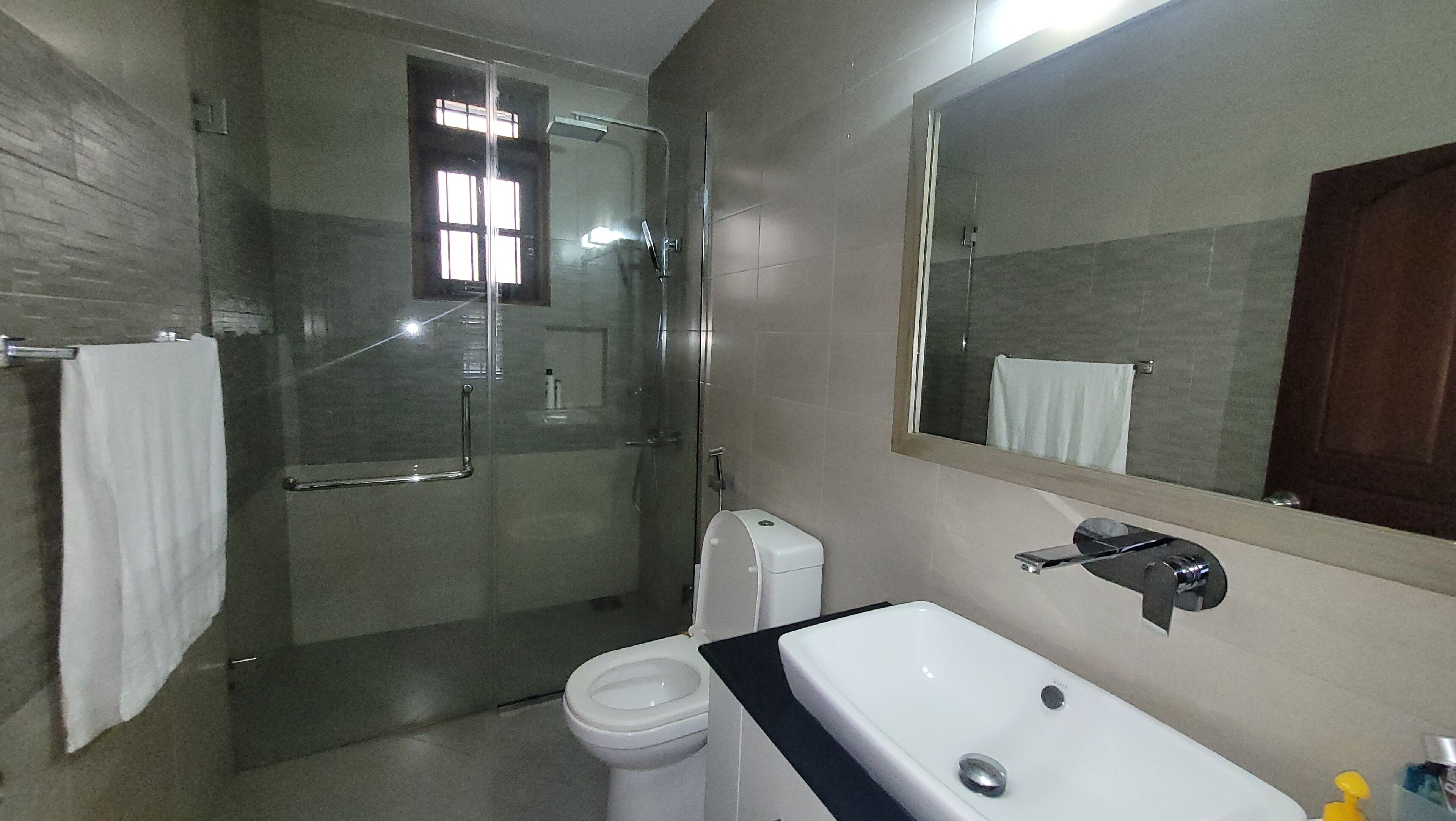 Shower, bidet, towels, soap