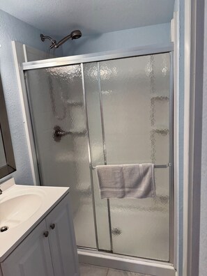 Shower, hair dryer, towels, soap - Ocean Views from a Wall of Windows & Your Own Private Balcony! (Kitty Hawk)