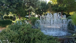 Une fontaine entourée d’une végétation luxuriante et d’arbres.
