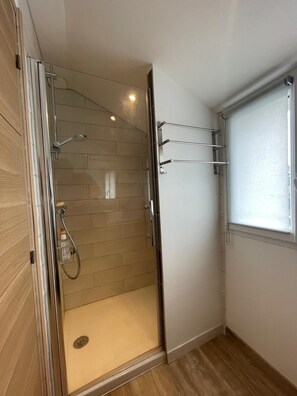 Shower, hair dryer, soap, toilet paper