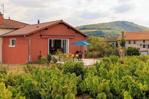 A house with a red exterior, a patio with outdoor furniture, and a vineyard in the foreground. - L'échappée Beaujolaise (Juliénas)