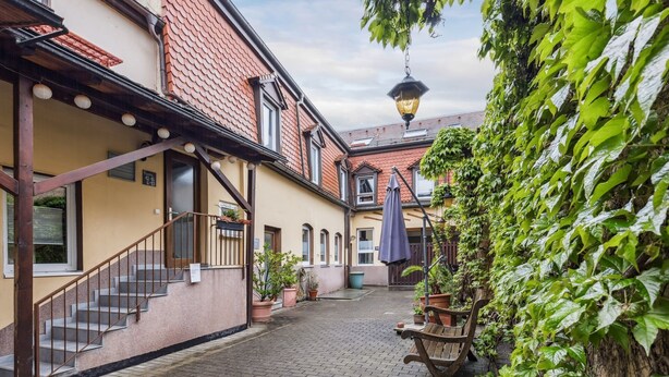 A narrow cobblestone alley with buildings on either side, featuring a staircase, potted plants, and a hanging lantern. - Hotel zum Erwin (Karlsruhe)