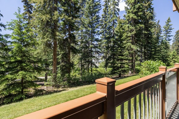 A balcony with a view of tall evergreen trees and a lawn.
