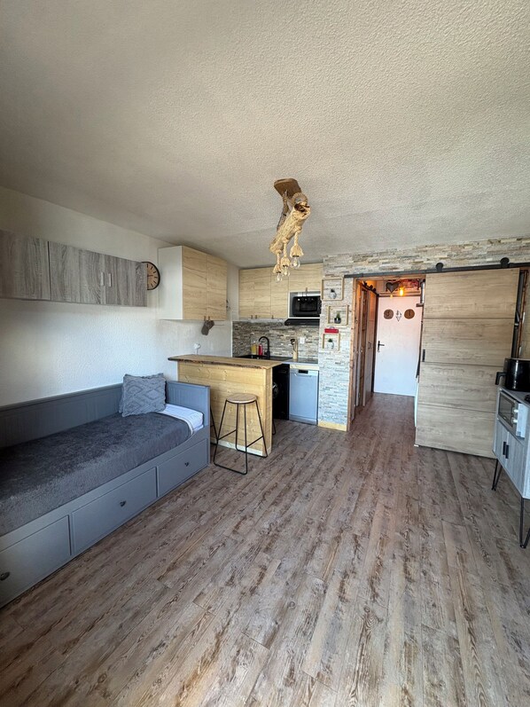 Un espace de vie compact comprenant un coin cuisine, un plancher en bois, un canapé gris et un luminaire au plafond original.