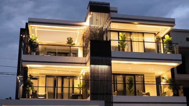 Un edificio moderno de varios pisos con balcones, ventanas grandes y plantas en el exterior.