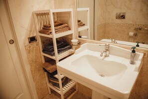Shower, hair dryer, bidet, towels