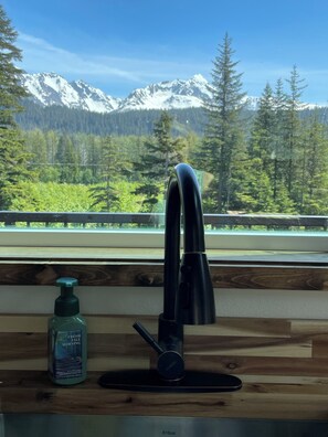 A kitchen with a modern faucet, a bottle of hand soap, and a view of snow-capped mountains through a window.