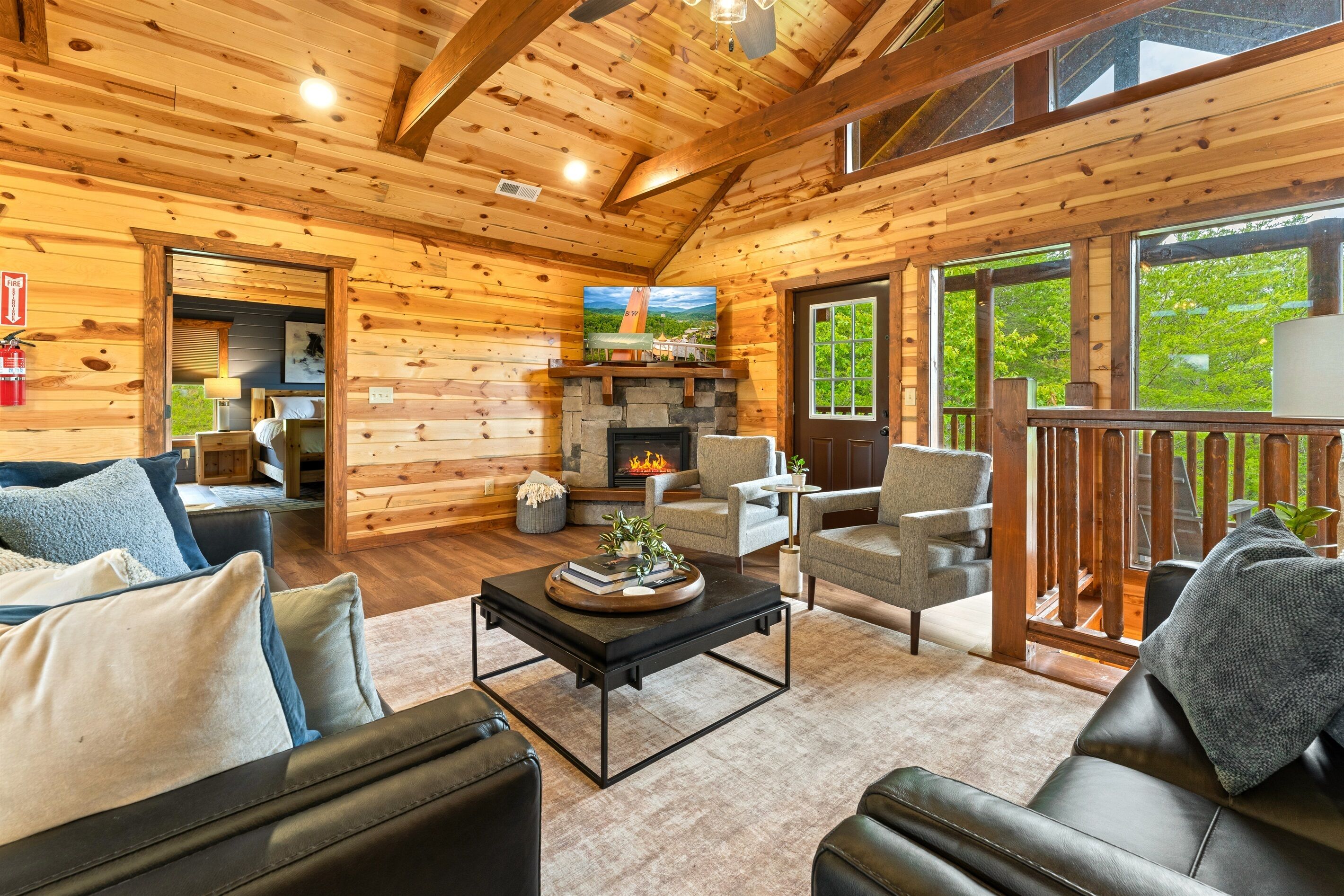 Smart TV, fireplace, foosball