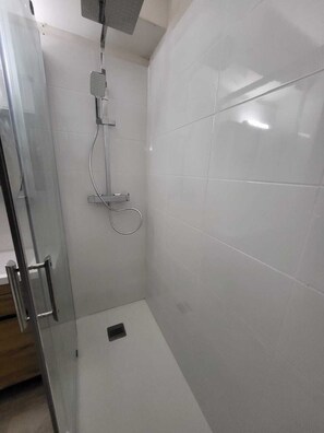 Regadera, toallas, papel de baño 