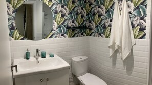 Dusche, Haartrockner, Handtücher, Toilettenpapier