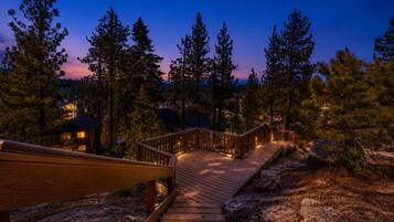 A wooden staircase leading to a cabin surrounded by pine trees at dusk.