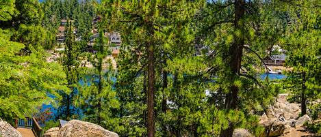 Paisaje natural con una vista despejada de una zona residencial, que incluye casas y una piscina.