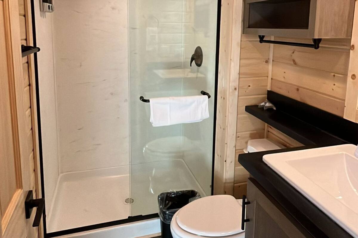A modern bathroom with a glass-enclosed shower, a white toilet, and wooden cabinetry.