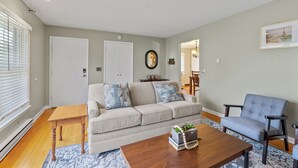 A living room with a sofa, a coffee table, a chair, and a rug.
