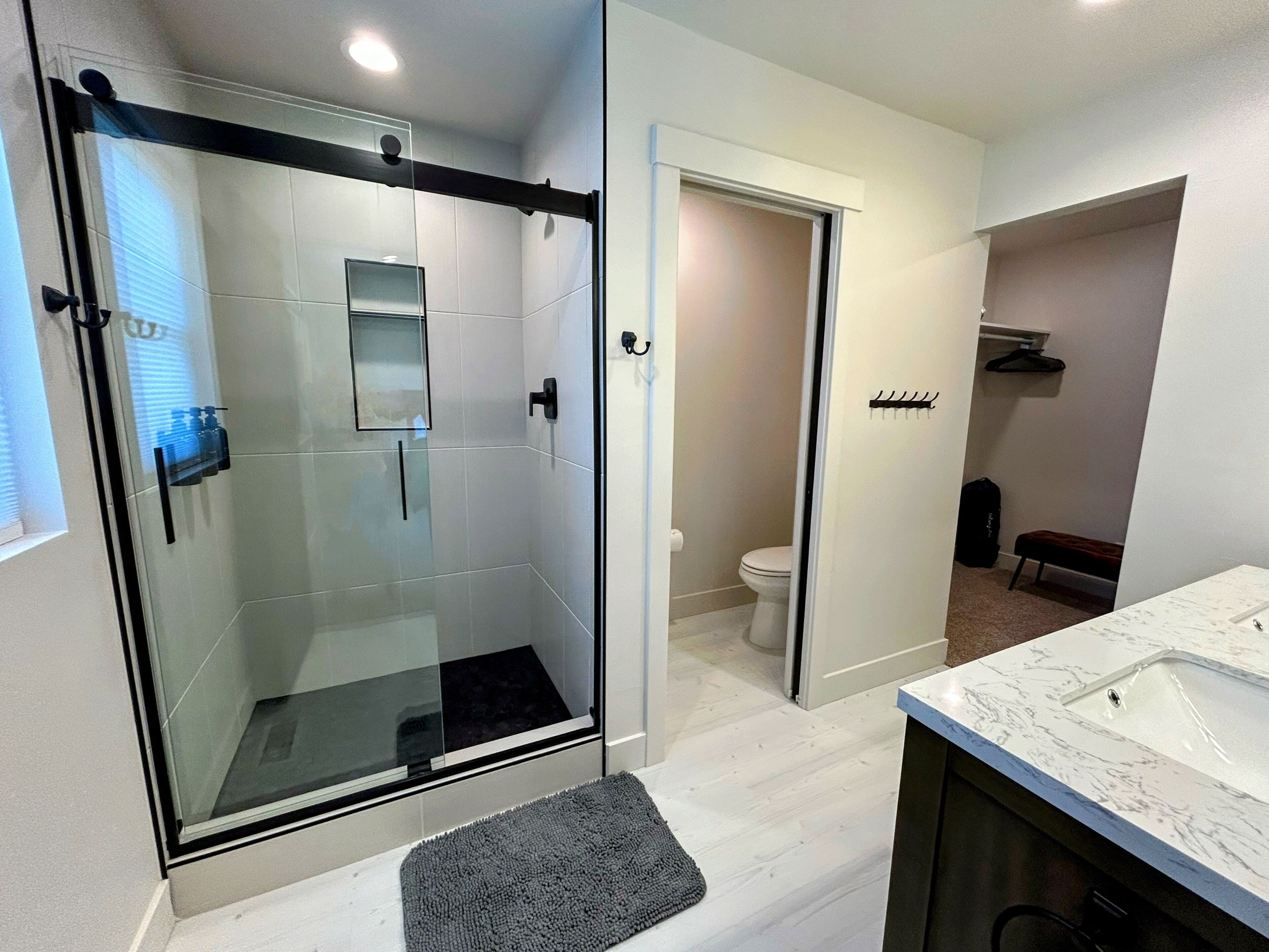 Shower, hair dryer, bidet, towels