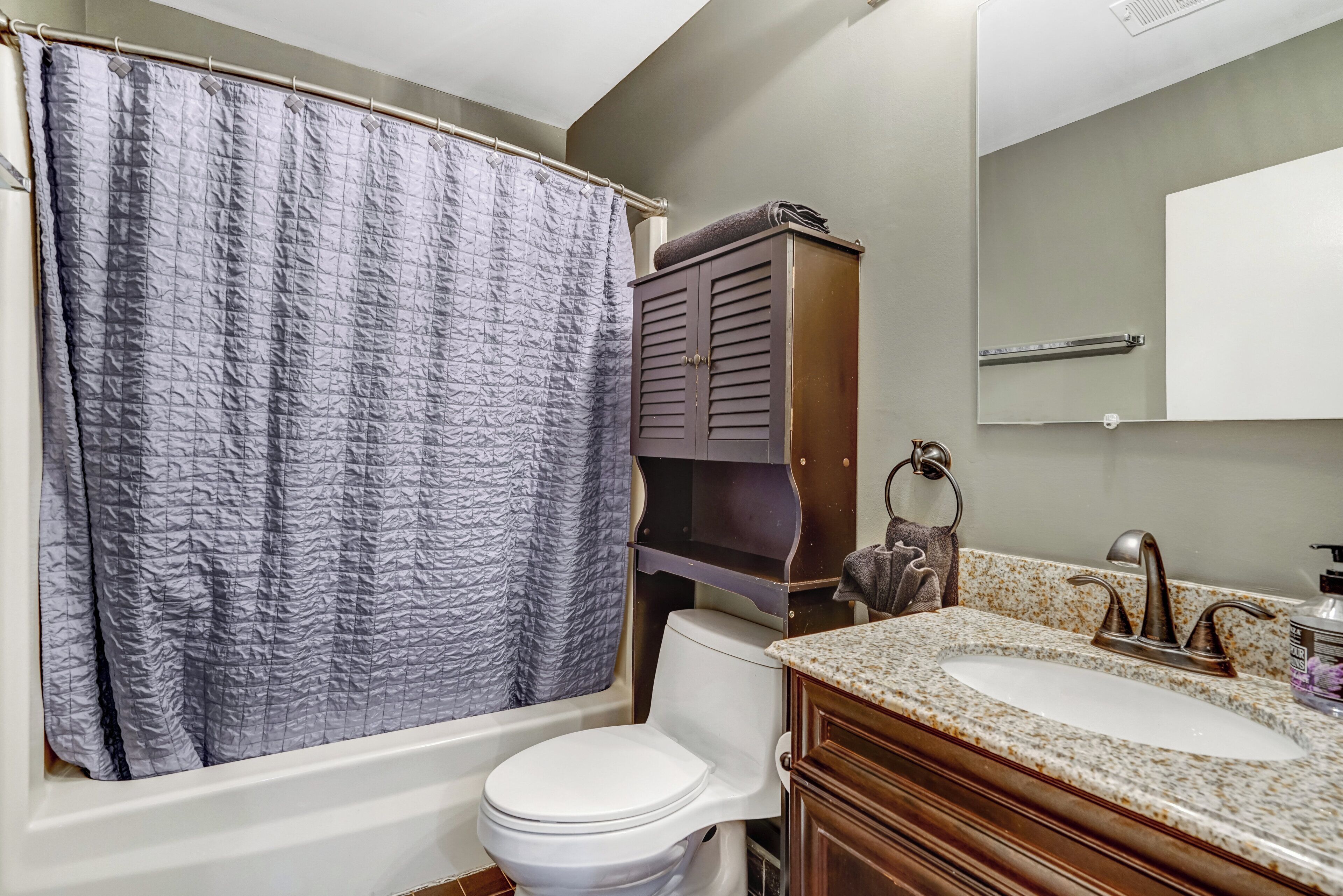 A bathroom with a white toilet, a shower curtain, a wooden cabinet, a sink with a granite countertop, and a mirror.