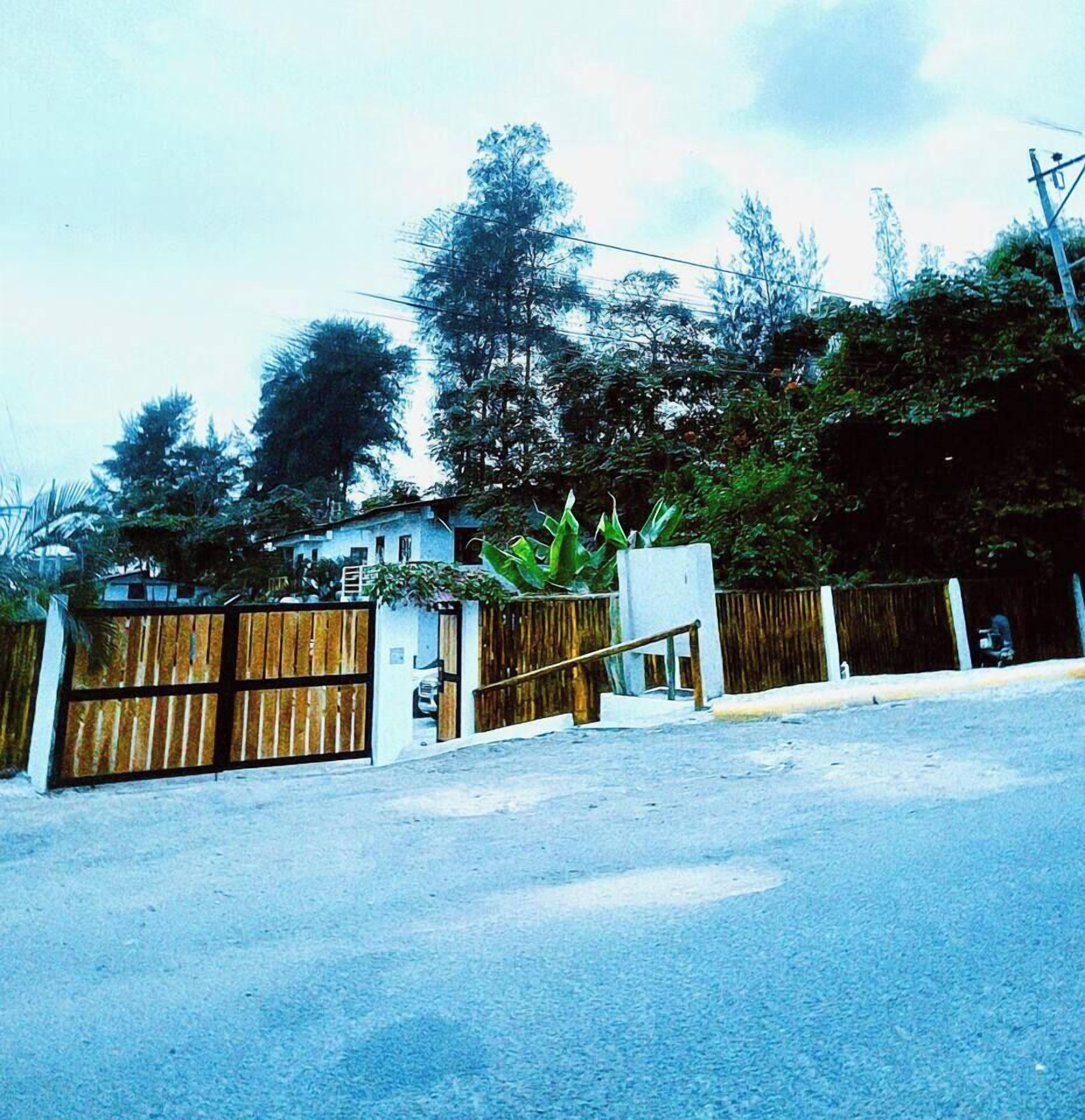 Zona residencial cerrada con una casa, valla de madera y una planta verde grande al frente.