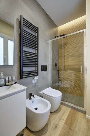 Dusche, Haartrockner, Bidet, Handtücher