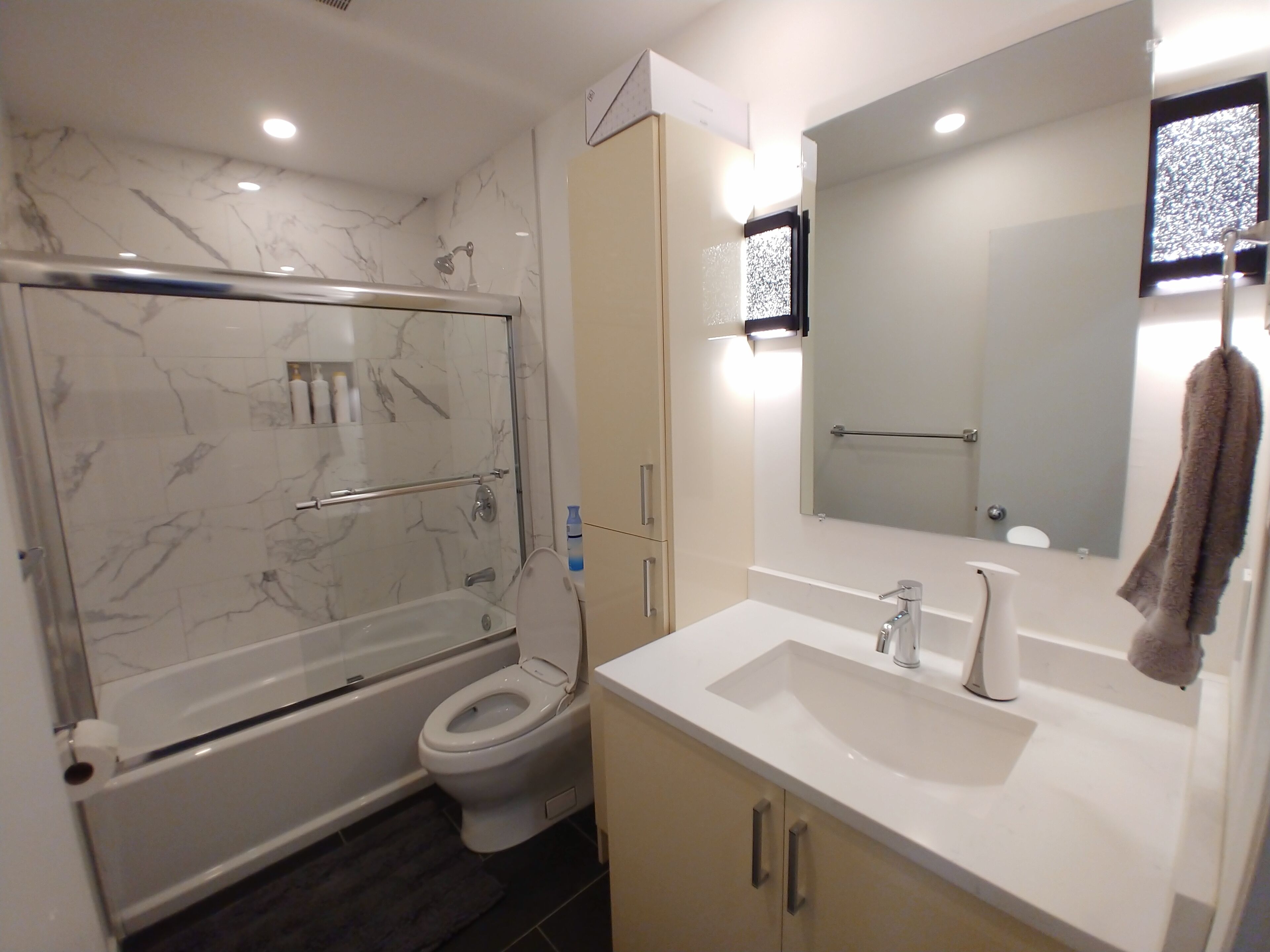 Hair dryer, bidet, towels, soap