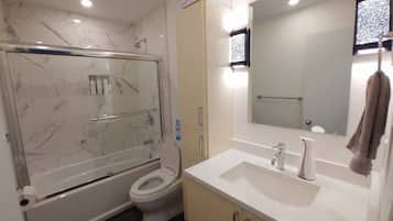 Hair dryer, bidet, towels, soap