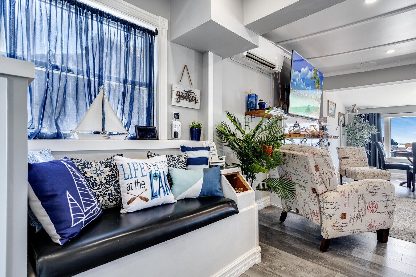 TV connectée, cheminée, lecteur de DVD, livres