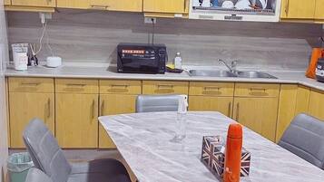 Microwave, cleaning supplies