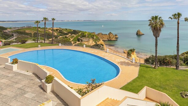 A large outdoor swimming pool with a curved design, surrounded by a well-maintained lawn and palm trees, overlooking a coastal area with clear skies. - Huniky 35 - Sea view, Wifi and air conditioning (Lagos)