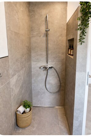 Hair dryer, towels, soap, toilet paper