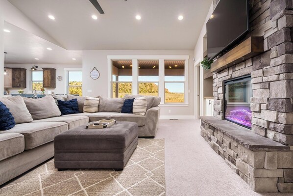 Smart TV, fireplace, table tennis, books