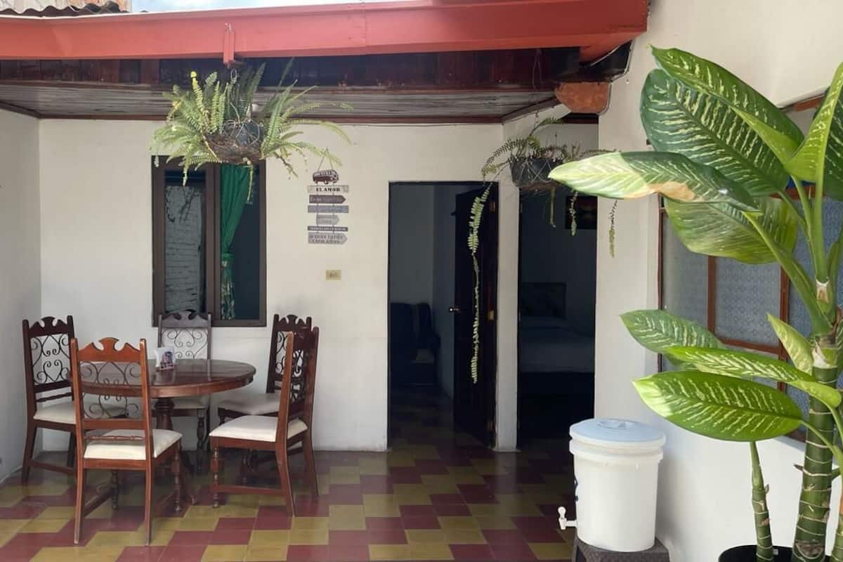 A patio with a table and chairs, potted plants, and a white bucket.