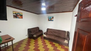 A room with two brown sofas, a small table with a remote control, and a wooden door.