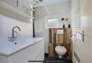 A modern bathroom with a white sink, a toilet, and a shower area. - Vacation home near the beach and the cities of Amsterdam and Haarlem. (Beverwijk)