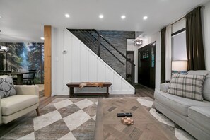 TV connectée, cheminée, livres