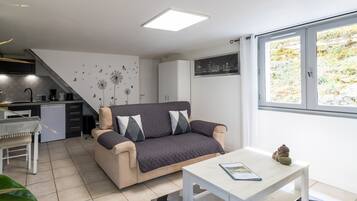 Een moderne woonkamer met een bank, een eettafel, een keuken en een groot raam.