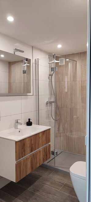 Een douche, een haardroger, handdoeken, zeep