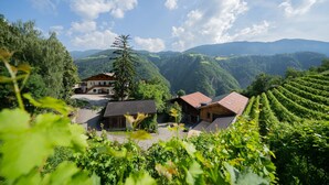 Una casa rurale con tetto rosso, immersa nel verde e con montagne sullo sfondo.