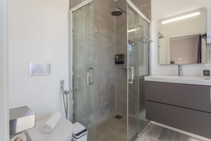 A modern bathroom with a glass-enclosed shower, a white toilet, and a vanity with a mirror.