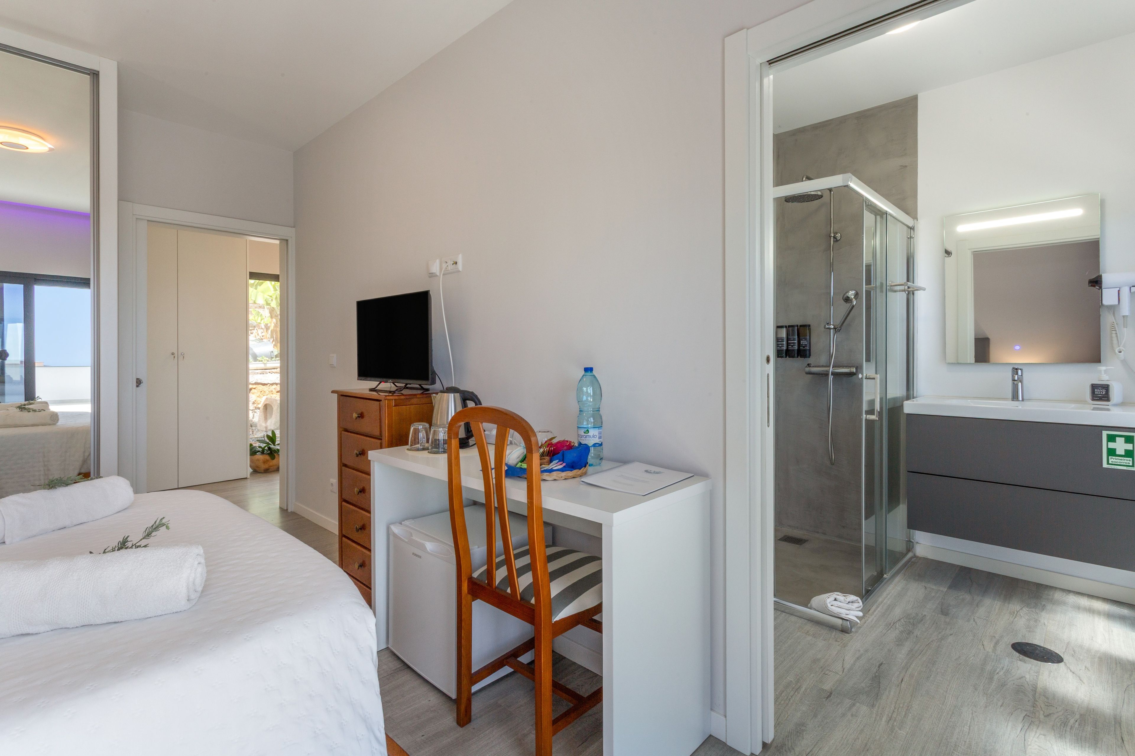 A hotel room with a bed, a desk, a chair, a television, and a bathroom with a shower and a mirror.