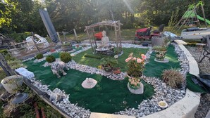 Un jardín con una estatua de Buda, un columpio y una cortadora de césped.