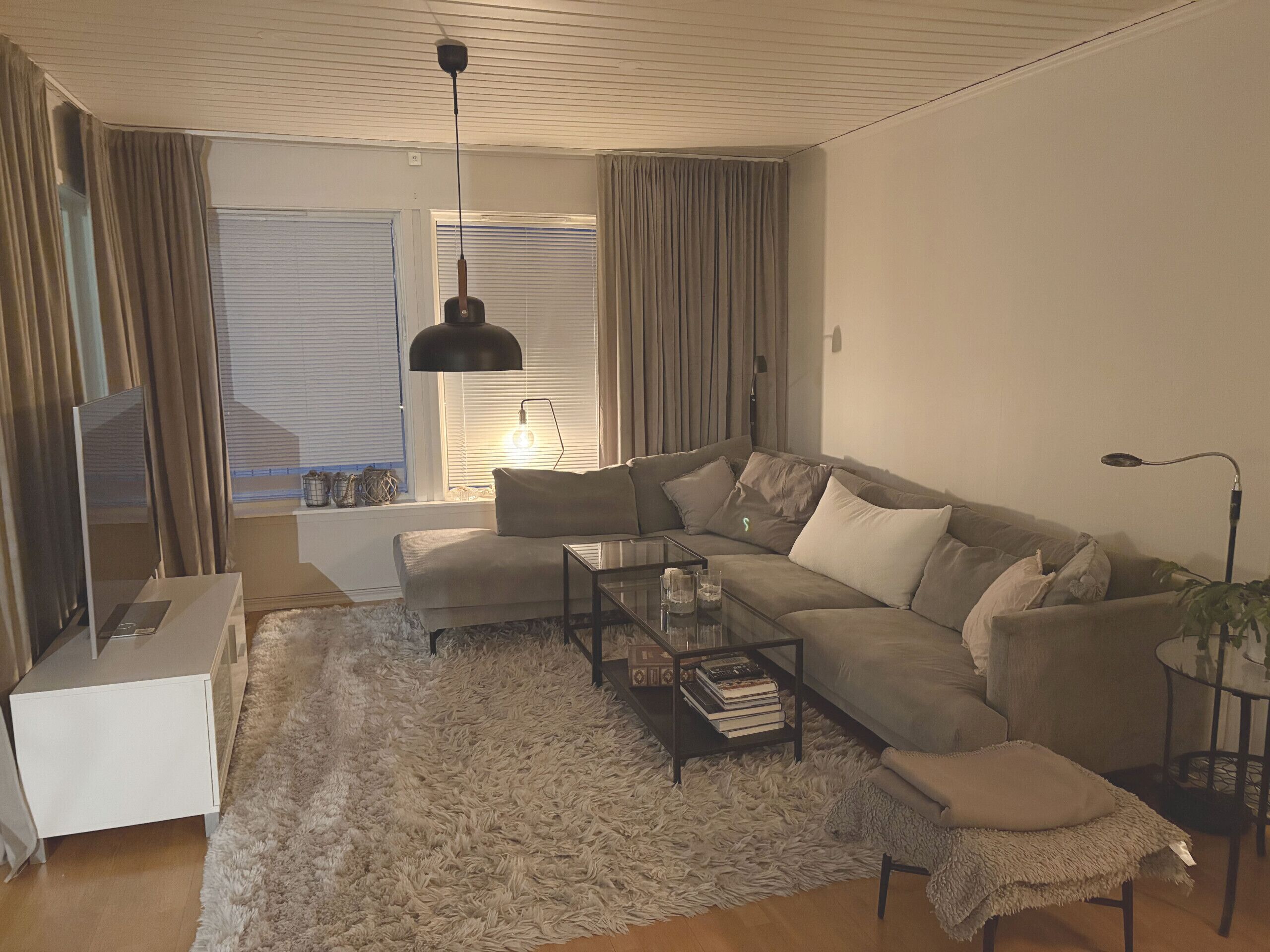 A living room with a sofa, coffee table, and a TV stand.