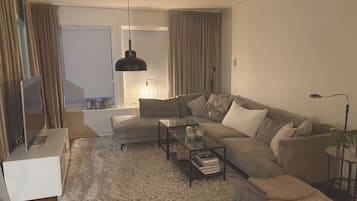 A living room with a sofa, coffee table, and a TV stand.