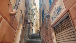 Un estrecho callejón con una escalera que lleva a la entrada de un edificio.