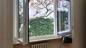 Huoneessa on ikkuna, josta avautuu näkymä lumiseen maisemaan, ikkunan alla on patteri ja katossa pyörivä tuuletin.