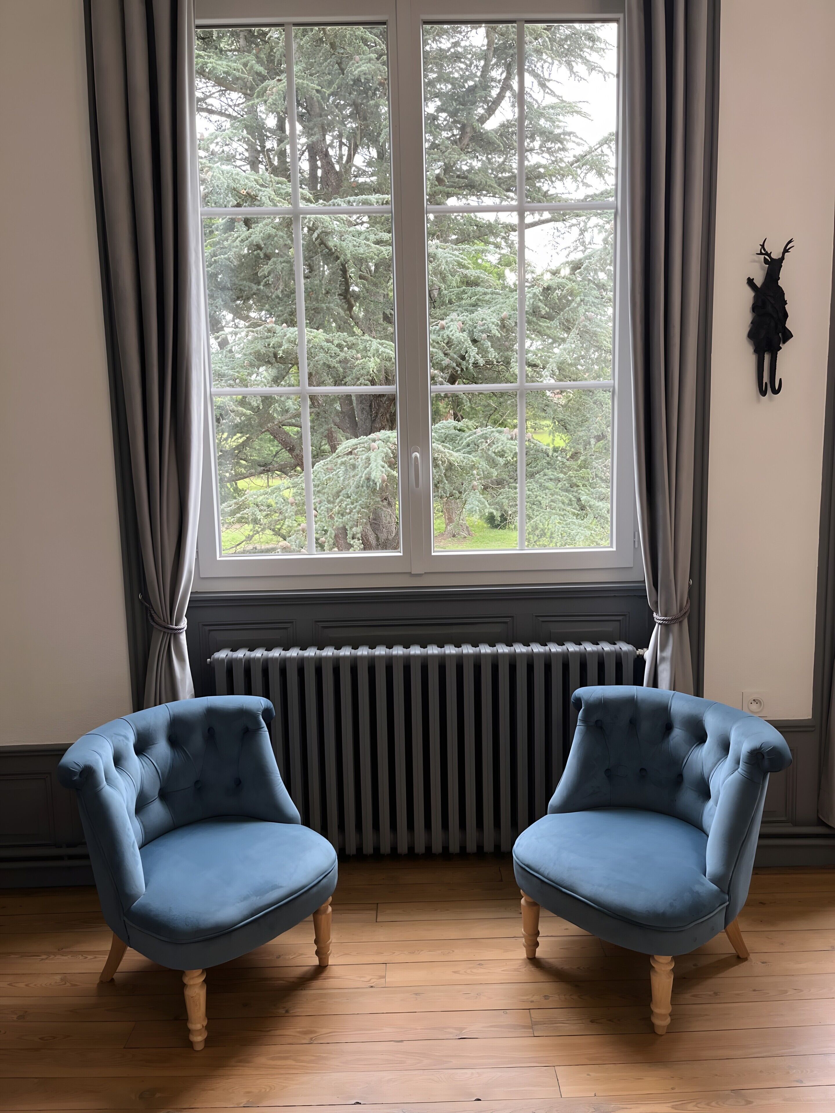 A room with a large window, two blue armchairs, a radiator, and a wall-mounted deer head decoration.