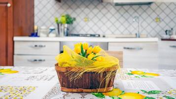 Kühlschrank, Ofen, Herdplatte, Wasserkocher mit Kaffee-/Teezubehör