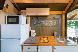 Fridge, microwave, stovetop, coffee/tea maker