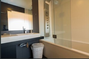 Shower, hair dryer, towels