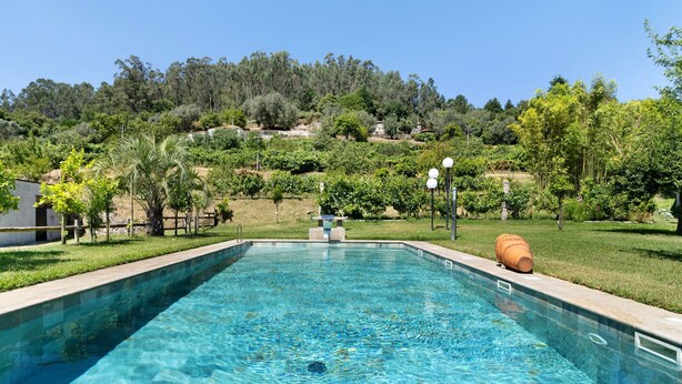 Una piscina rectangular con agua cristalina, rodeada de césped y árboles, con un paisaje montañoso al fondo.