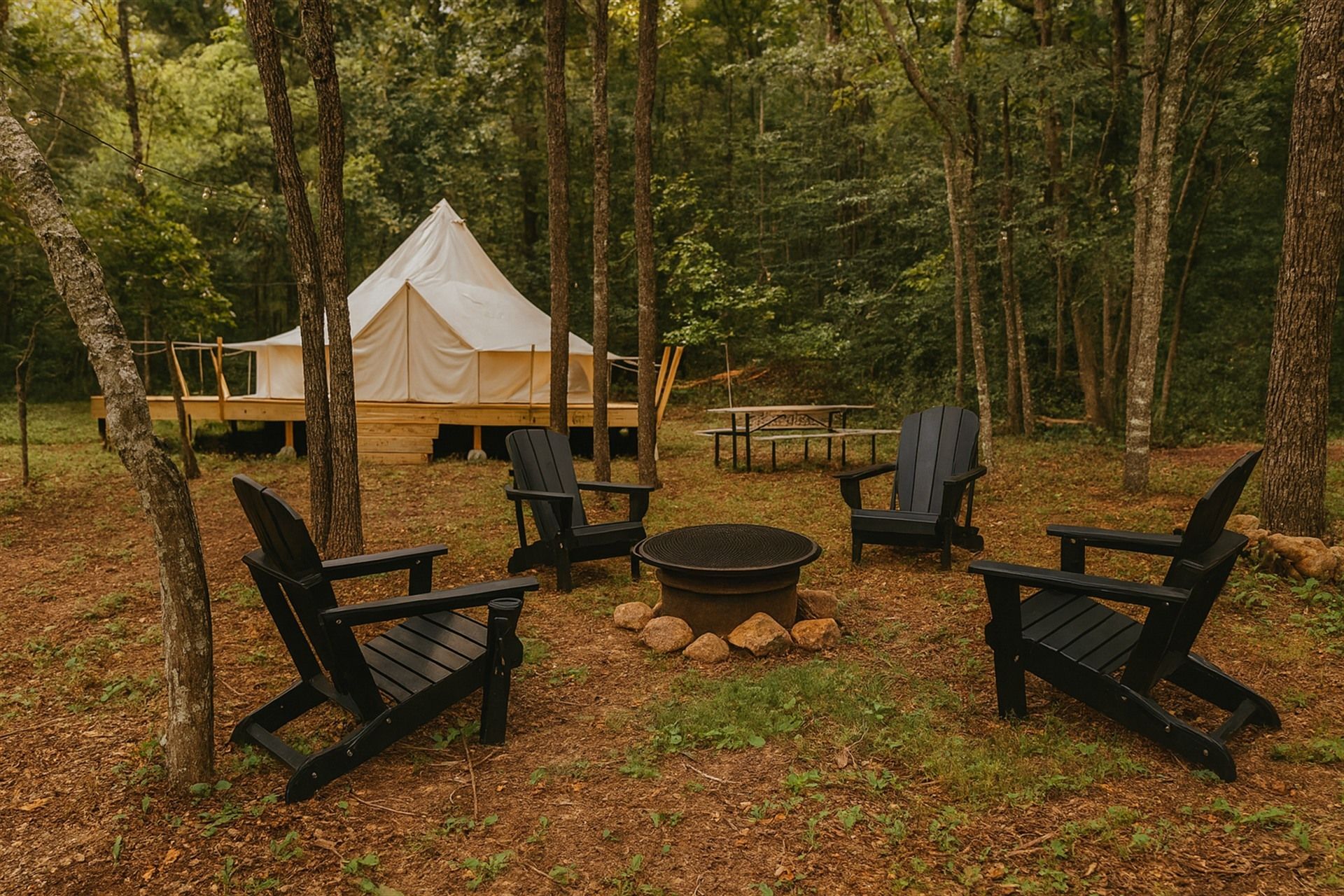 Acampamento em meio à floresta com tenda, cadeiras Adirondack, lareira e mesas de piquenique.