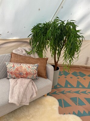 Una habitació amb un sofà gris, un coixí estampat, una planta en test i una catifes amb dibuixos.